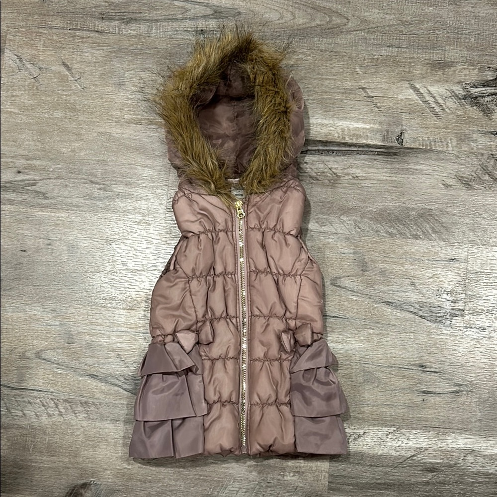 Girls' Pink Hooded Puffer Coat with Faux Fur Trim